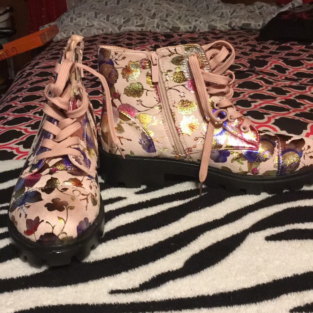Pink flower print combat boots